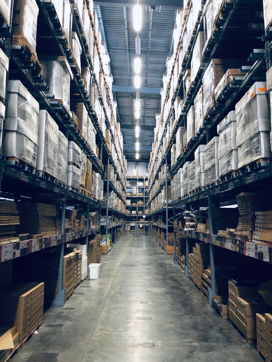 Distribution warehouse with stocked shelves